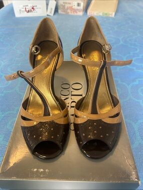 Franco Sarto Two-Tone Brown and Tan Peep-Toe T-Strap Heels